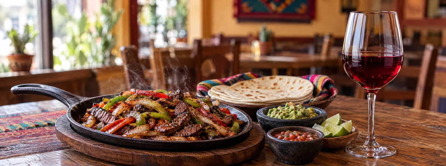 Sizzling beef fajitas with tortillas and a glass of ruby Garnacha
