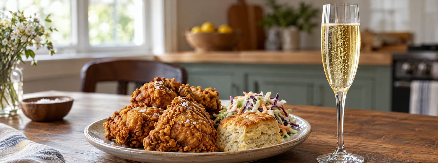 Southern fried chicken with a flute of Champagne