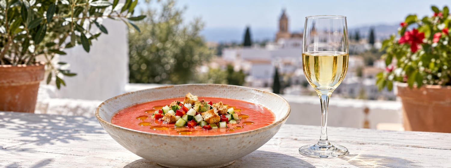 Chilled gazpacho with a copita of pale Fino sherry