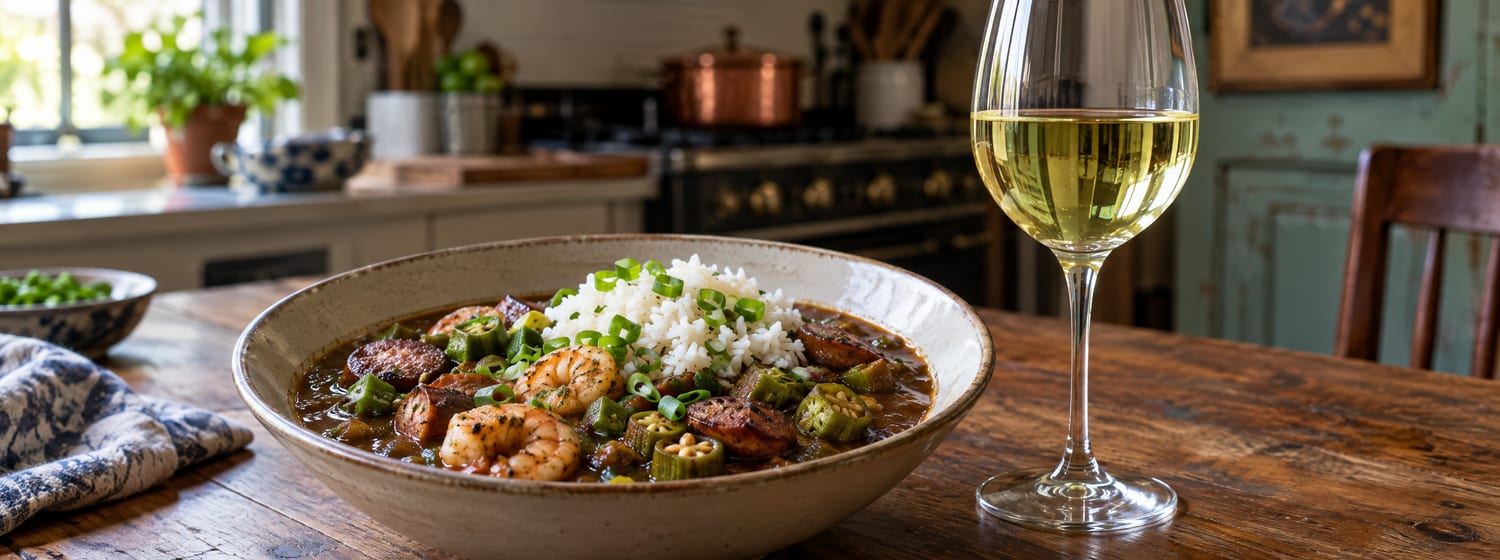 Seafood and sausage gumbo with a glass of pale off-dry Riesling