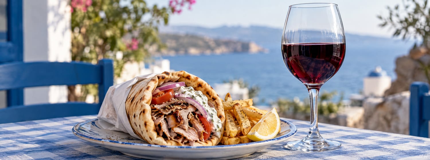 Pork gyros in pita with tzatziki and a glass of red Agiorgitiko
