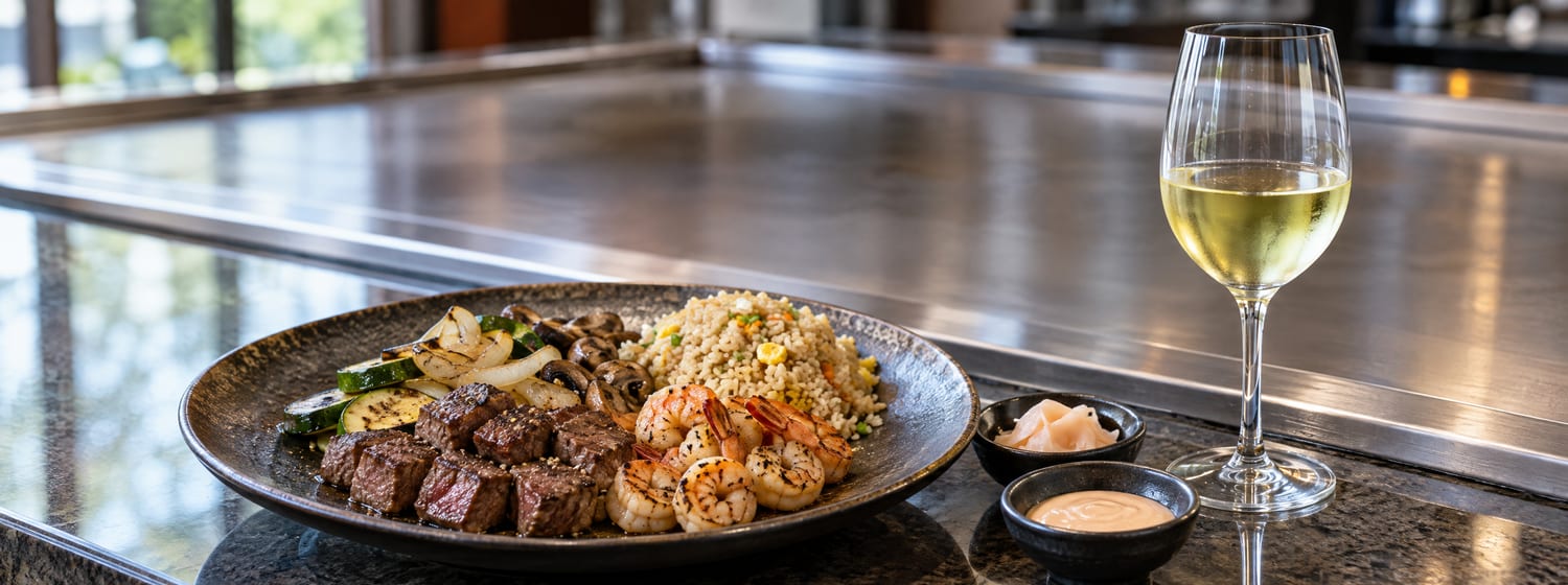 Hibachi steak, shrimp and fried rice with a glass of pale Riesling