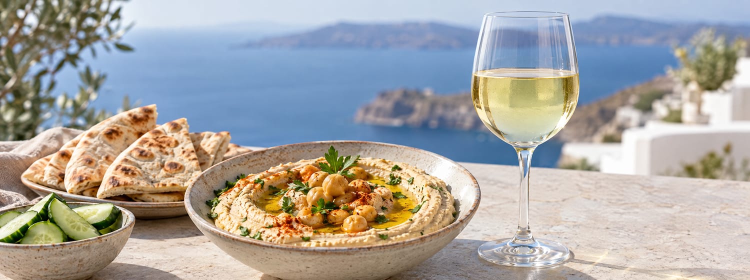 Hummus with olive oil and pita beside a glass of pale Assyrtiko