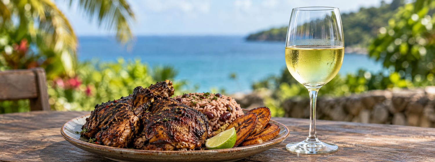 Jamaican jerk chicken with rice and peas and a glass of pale Riesling
