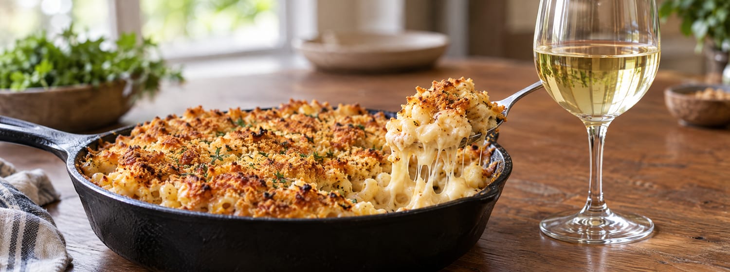 Baked mac and cheese in a skillet with a glass of pale Chardonnay