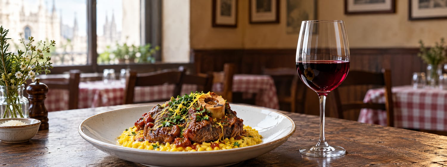 Osso buco with gremolata and saffron risotto and a glass of Barbera