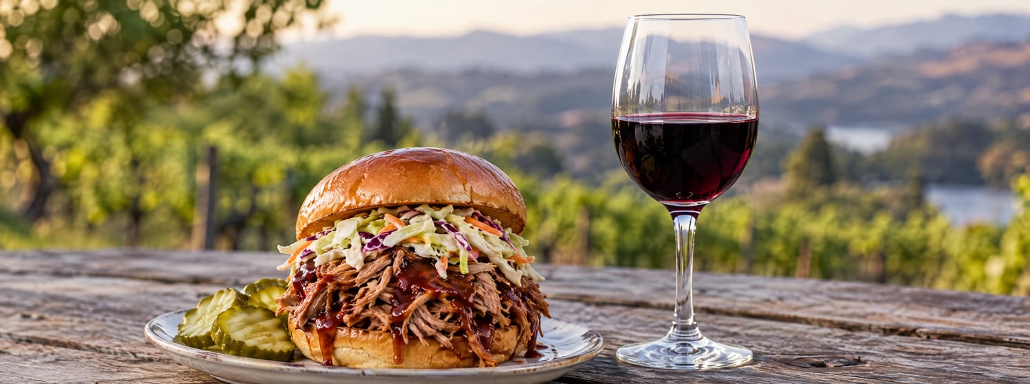 Pulled pork sandwich with coleslaw and a glass of deep red Zinfandel