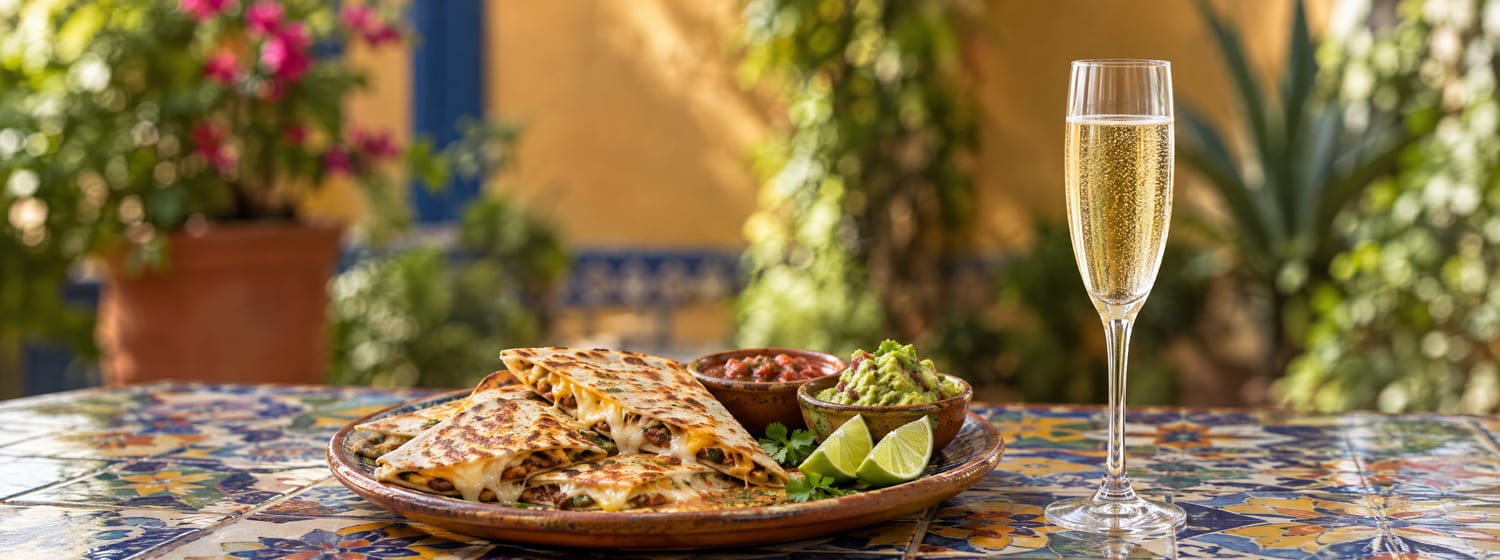 Cheese quesadillas with salsa and guacamole and a flute of Cava