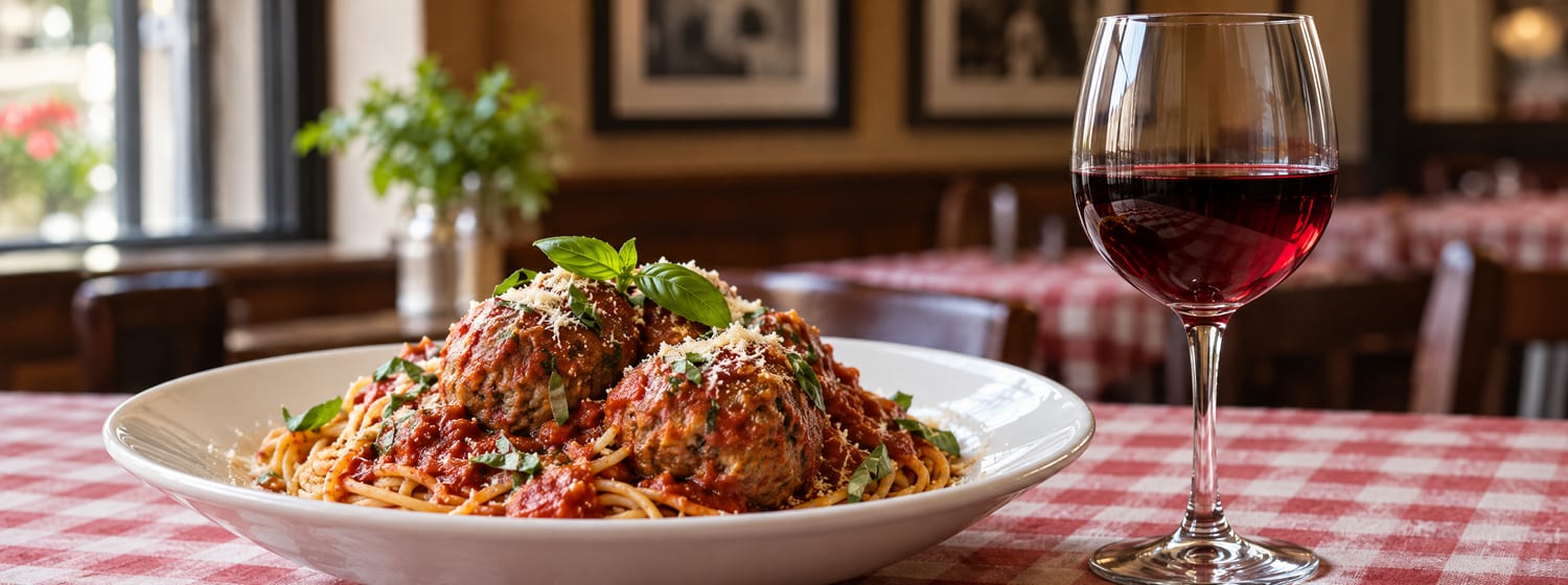 Spaghetti and meatballs with a glass of ruby Sangiovese