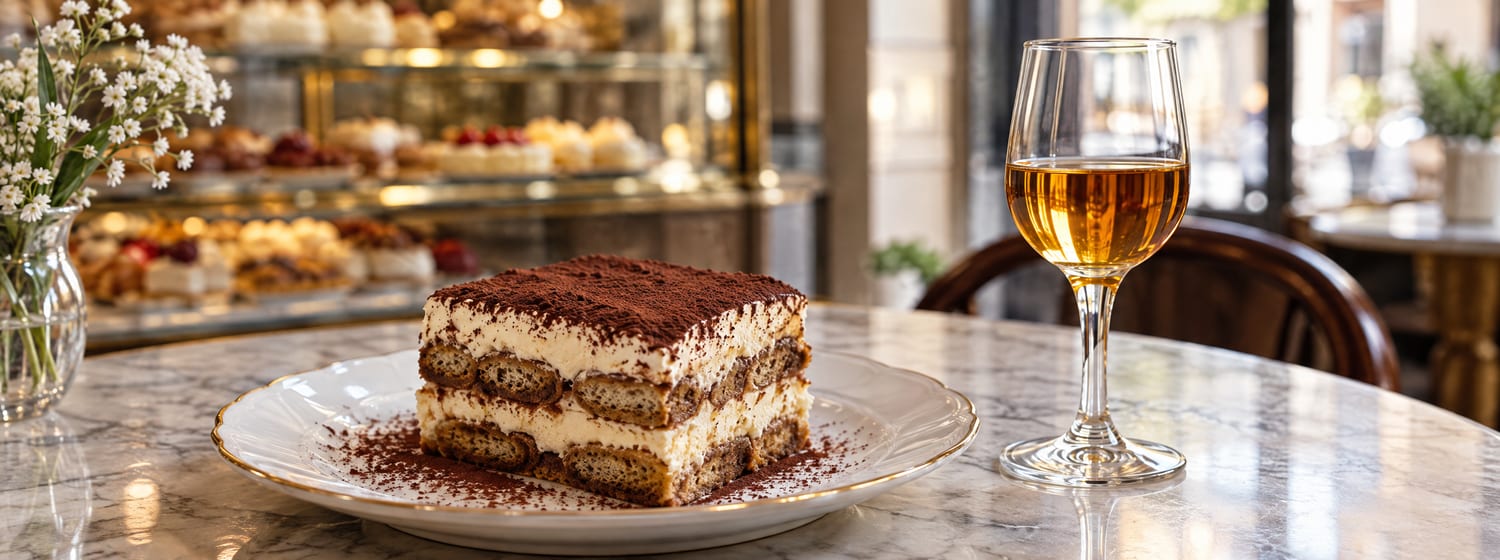Tiramisu dusted with cocoa and a small glass of amber Vin Santo