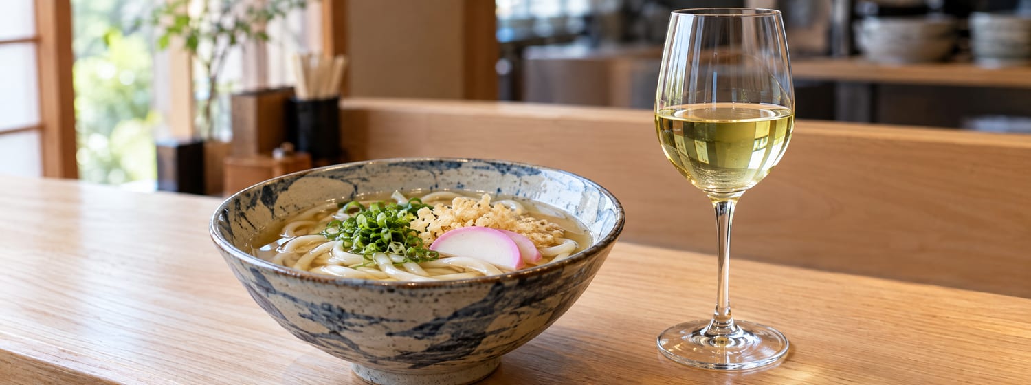 Udon noodles in dashi broth with a glass of pale dry Riesling
