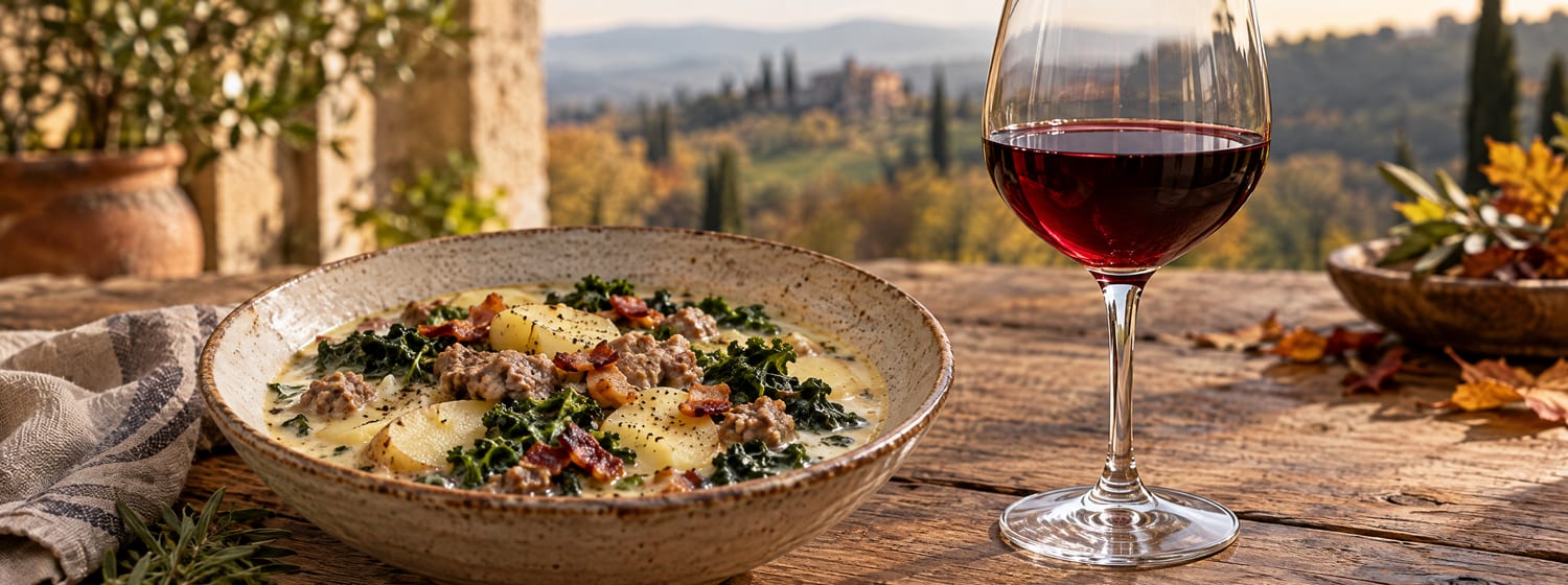 Zuppa toscana with sausage, potato and kale and a glass of Chianti Classico