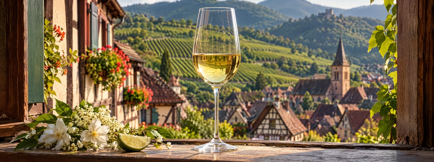 A tall Alsace-style wine glass of pale gold dry Riesling on the windowsill of a half-timbered village house in Alsace