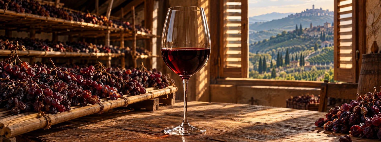 A large glass of deep garnet Amarone on a rustic table in a drying loft where bunches of red grapes rest on bamboo racks to dry