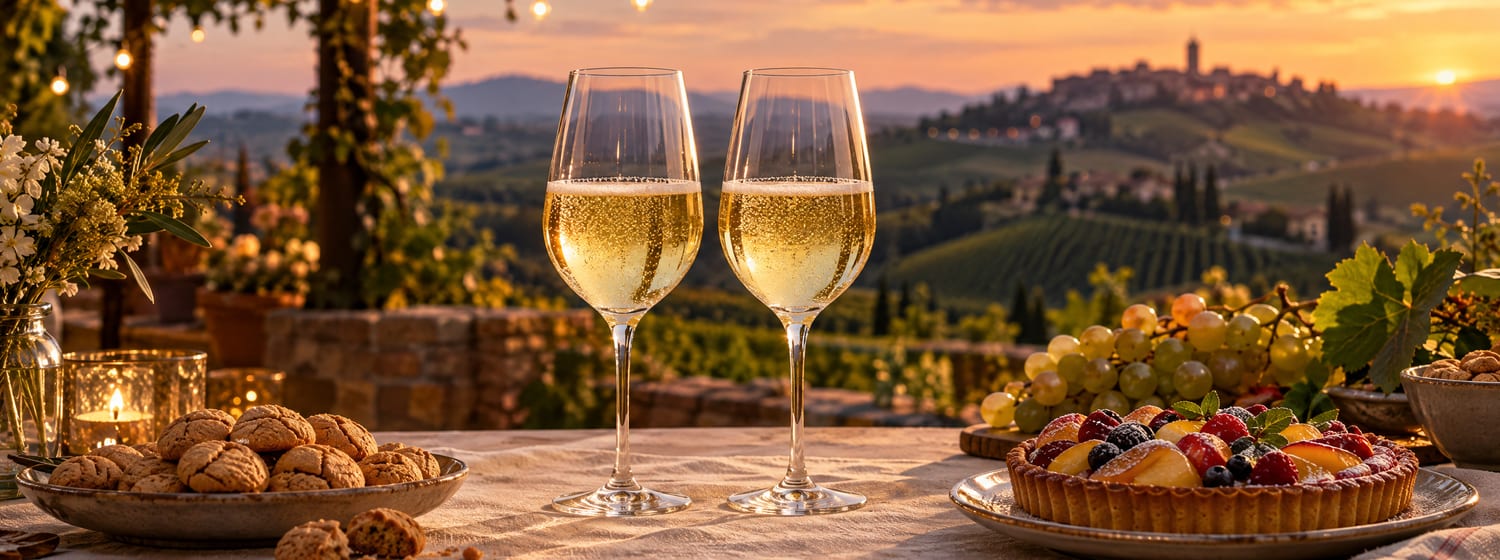 Two tulip glasses of pale, lightly sparkling Moscato d'Asti with fine bubbles on a festive aperitivo table at dusk with amaretti biscuits