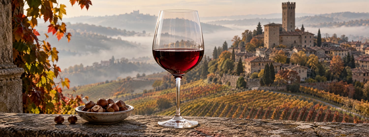 A glass of translucent garnet Barbaresco on a stone balcony overlooking the medieval tower of Barbaresco village and Nebbiolo vineyards in autumn