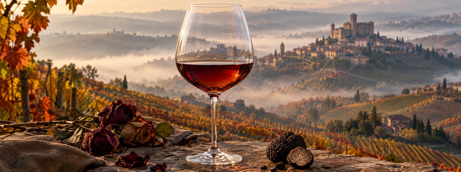 A large Burgundy-shaped glass of pale garnet Barolo with an orange tint, dried roses and a small truffle beside it