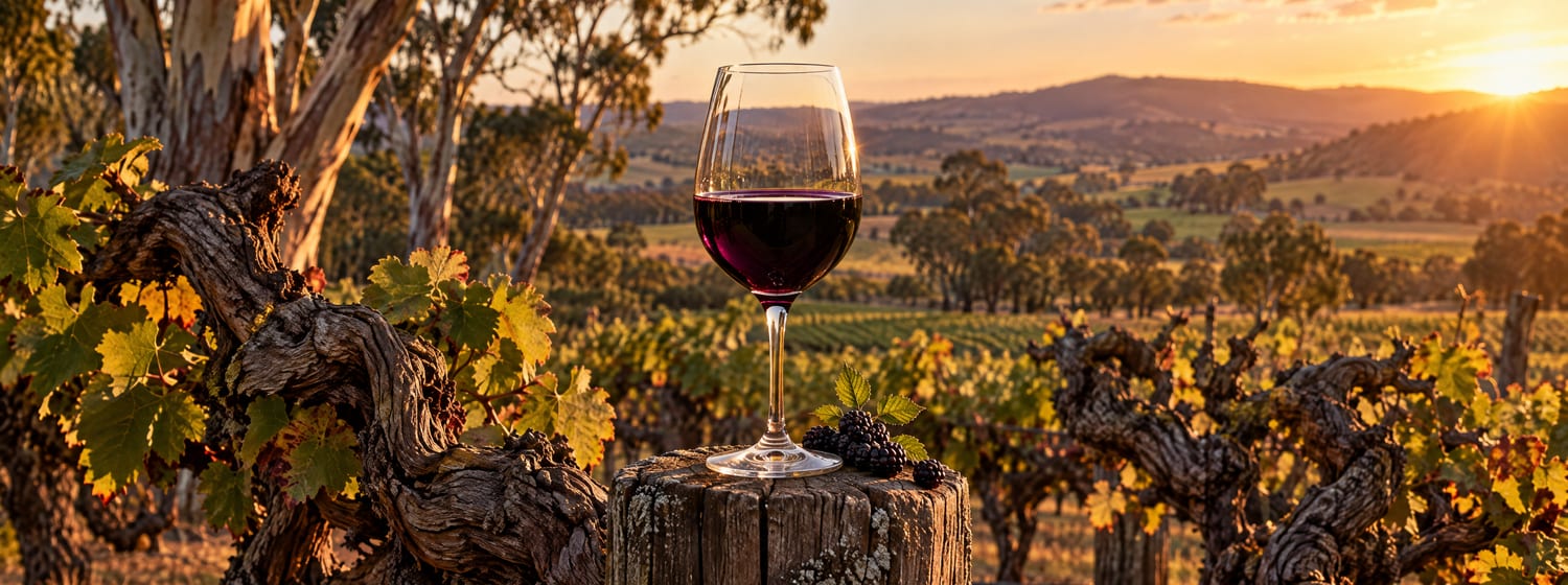 A glass of inky, deep purple Shiraz resting on an old wooden post among gnarled old bush vines in the warm Barossa Valley