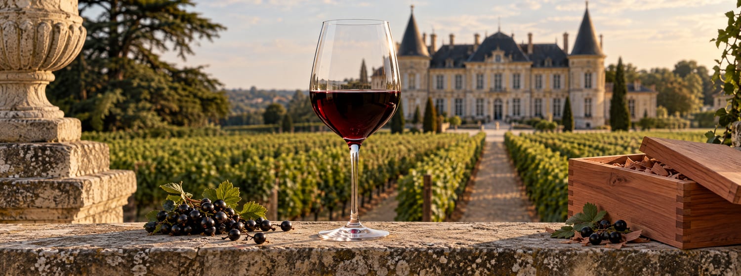 A glass of deep ruby Cabernet-based red wine on the stone balustrade of a grand Médoc château, gravelly vineyard rows leading to the château
