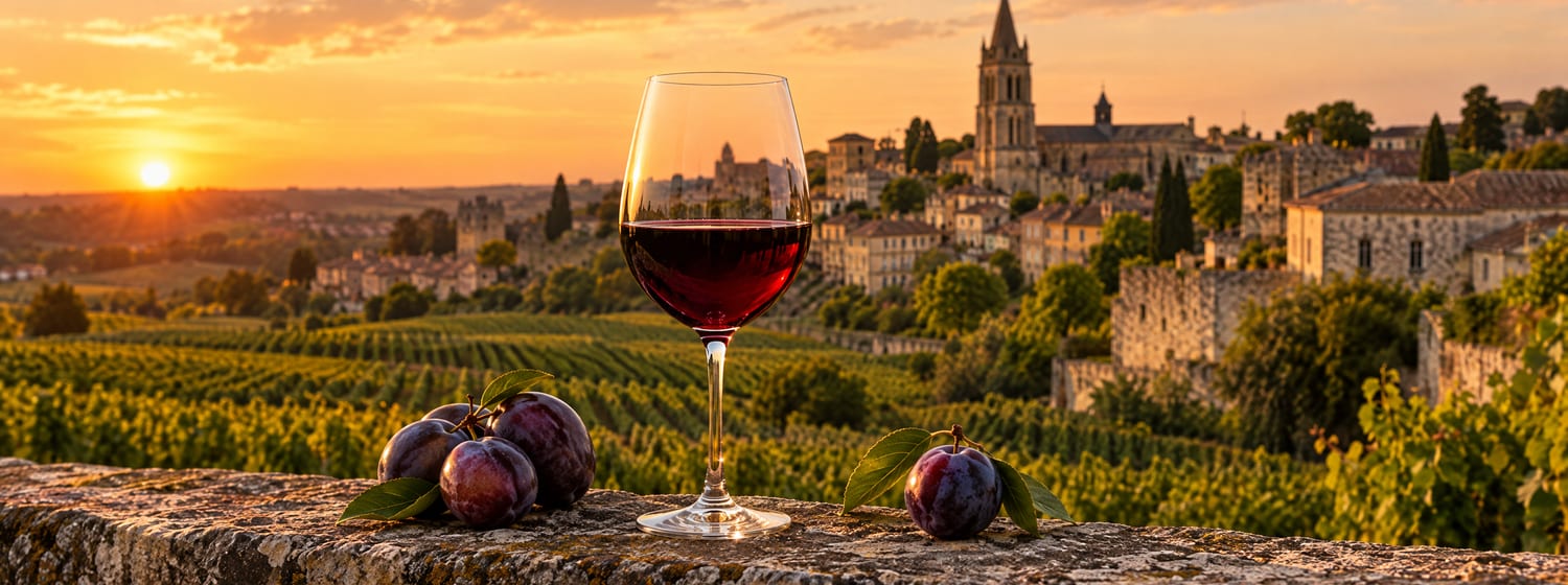 A glass of plush ruby Merlot-based red wine on an old limestone wall in Saint-Émilion