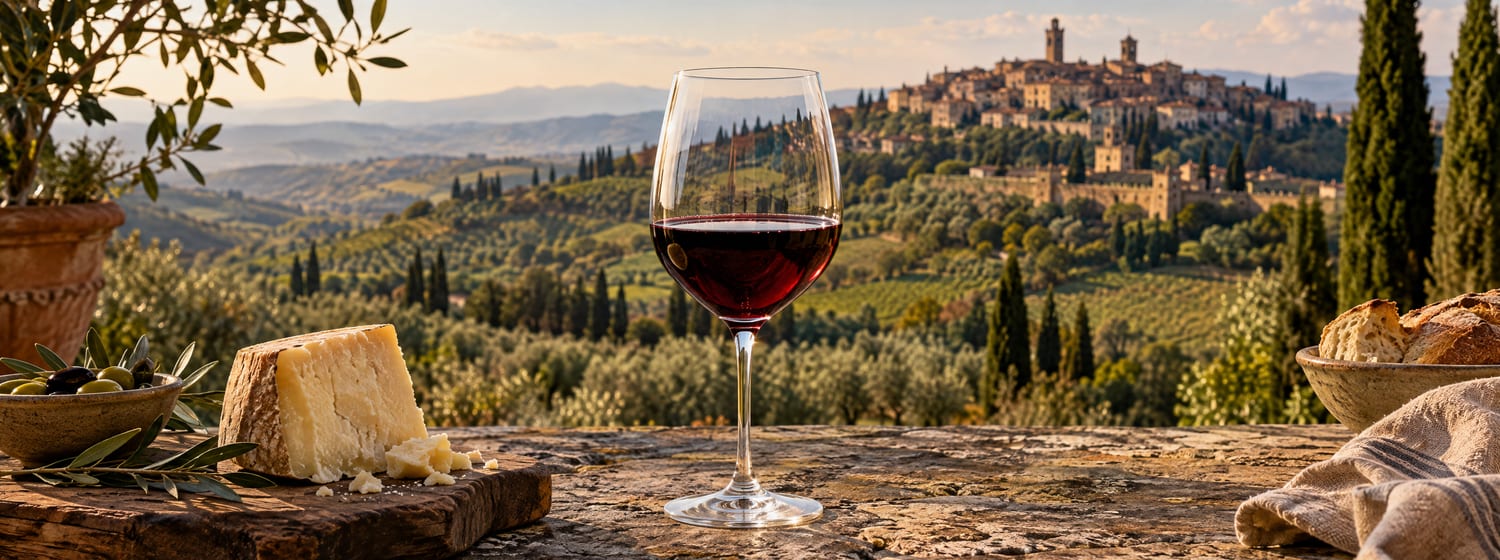 A glass of garnet Brunello on a rustic stone farmhouse table in Tuscany, the hilltop town of Montalcino with olive groves and cypress trees behind
