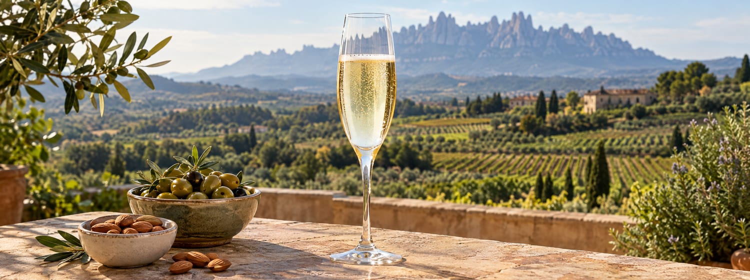 A flute of pale sparkling Cava on a terrace in Penedès, Catalonia, the jagged peaks of Montserrat on the horizon