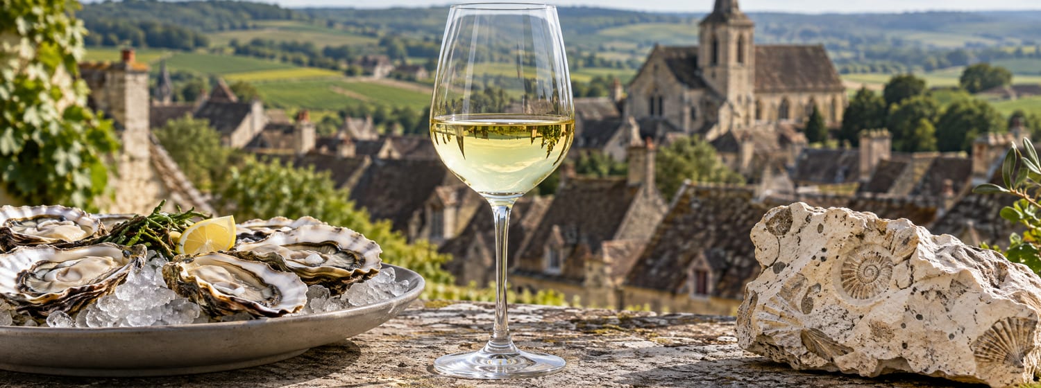 A glass of very pale green-gold Chablis beside a plate of fresh oysters on ice and a piece of fossil-rich white limestone, cool daylight
