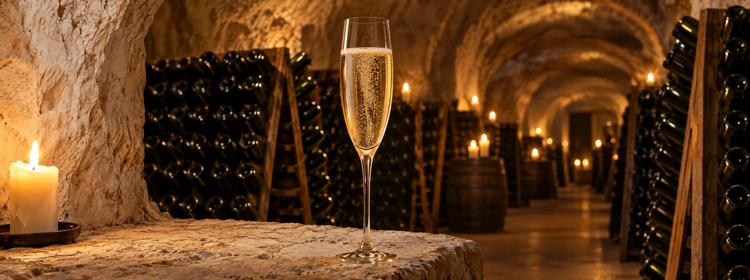 A flute of golden Champagne with fine bubbles on a chalk ledge deep in an ancient chalk cellar under Reims