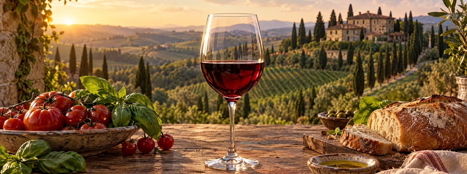 A glass of bright ruby Chianti Classico on a Tuscan farmhouse table with tomatoes, basil and rustic bread