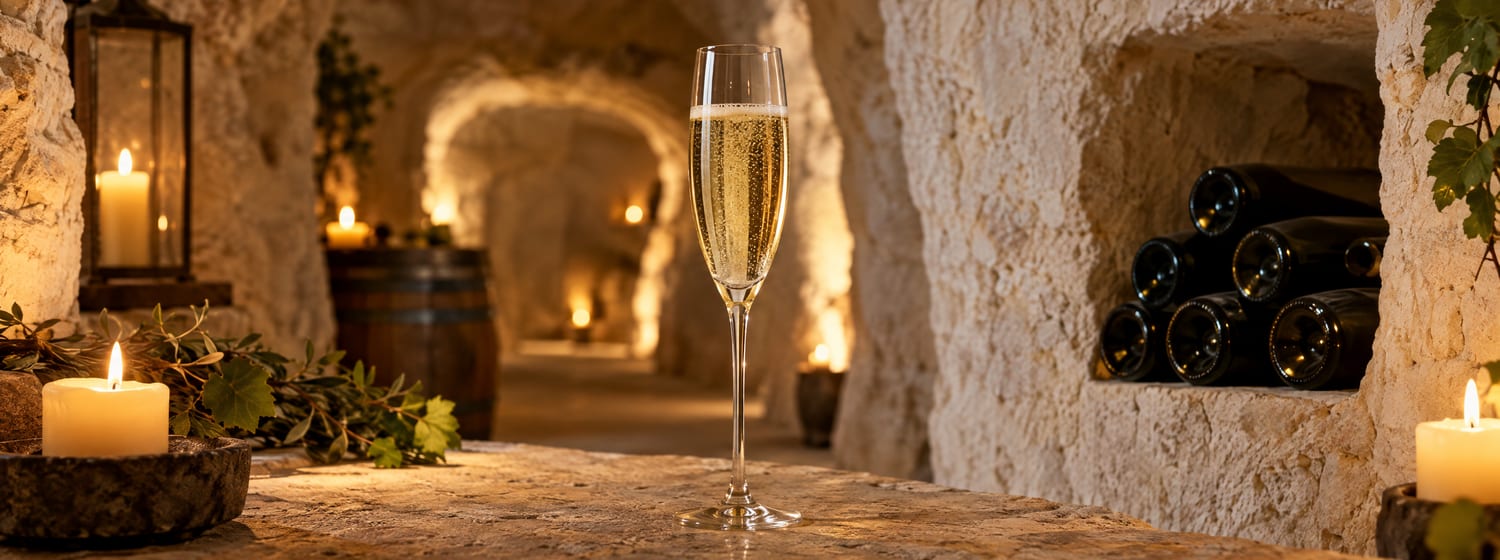 A flute of pale sparkling Crémant in a cool cellar carved into soft white tufa stone in the Loire Valley, candlelight