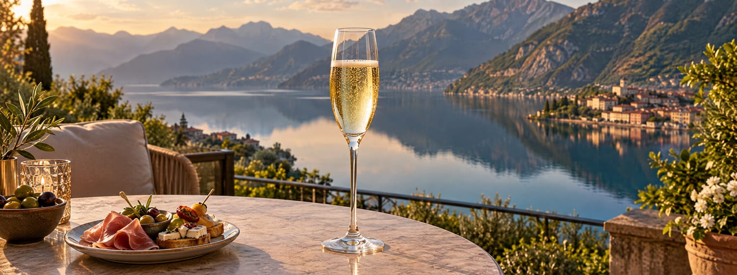 A flute of fine sparkling Franciacorta on an elegant terrace above Lake Iseo in Lombardy, mountains reflected in the calm lake