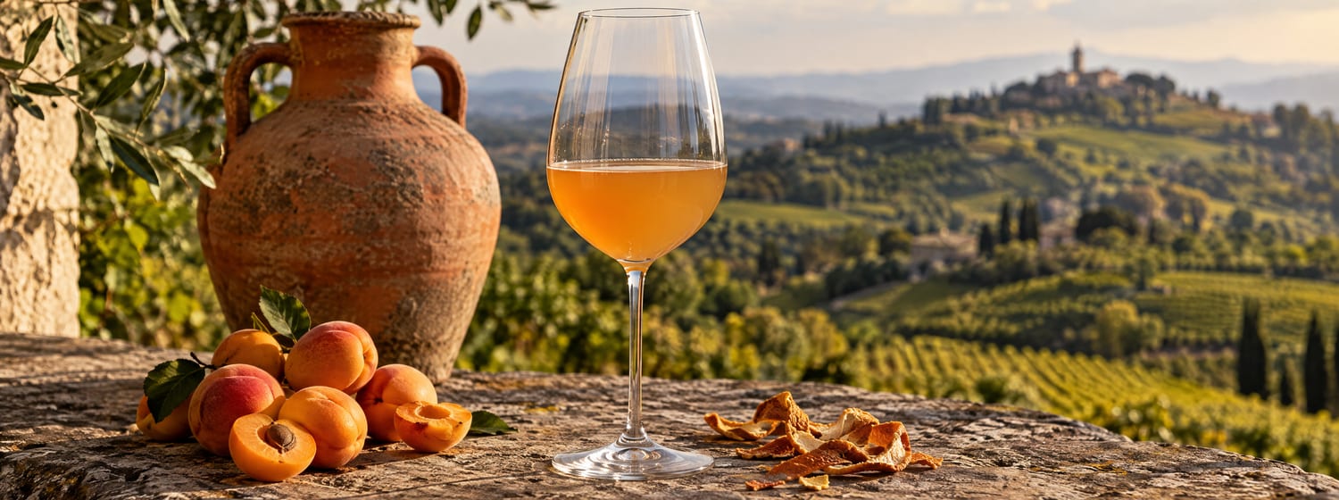 A glass of hazy amber-orange skin-contact white wine on a rustic stone table in the Collio hills of Friuli, a terracotta amphora behind
