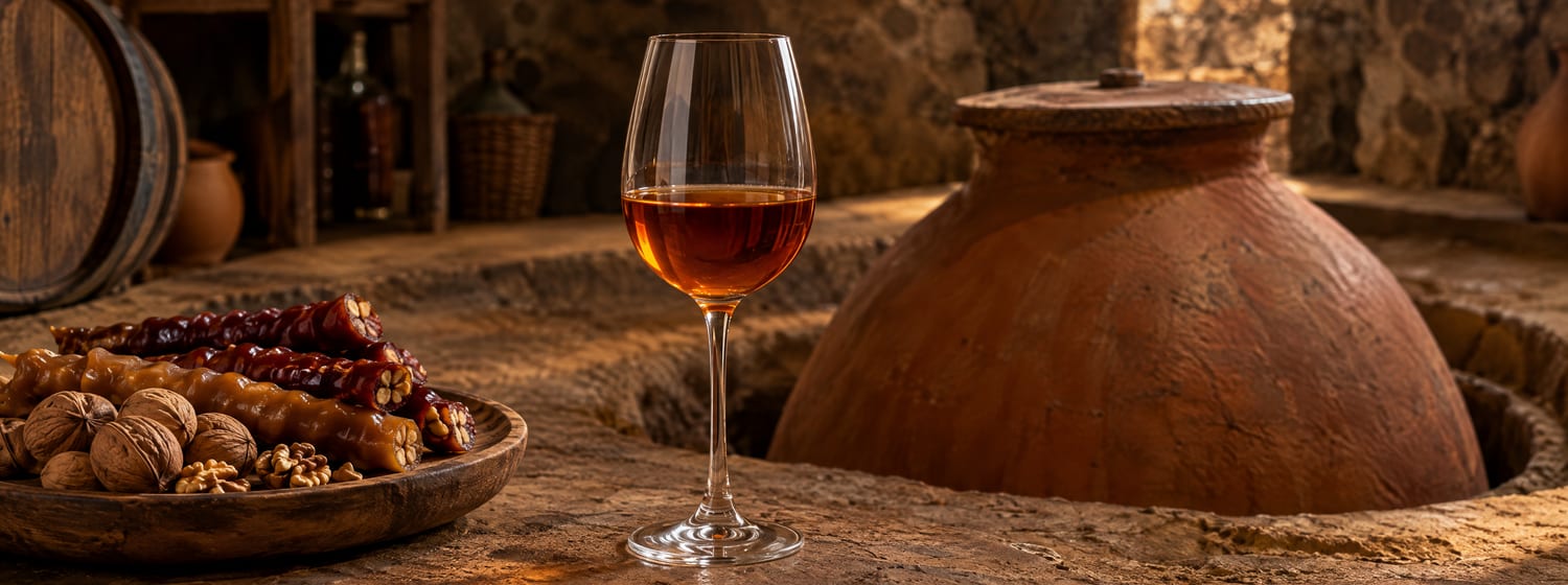 A glass of deep amber qvevri wine beside a large egg-shaped clay qvevri set into the earthen floor of a traditional Georgian wine cellar