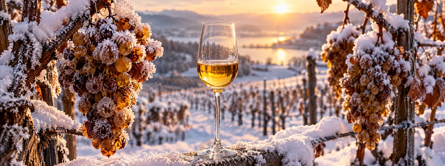 A small glass of golden ice wine beside frozen grape bunches still hanging on the vine, covered in frost and fresh snow