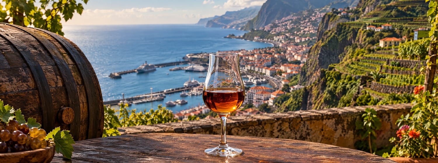 A small glass of amber-brown Madeira on a terrace above Funchal harbour and the Atlantic, small terraced vineyards on steep green cliffs