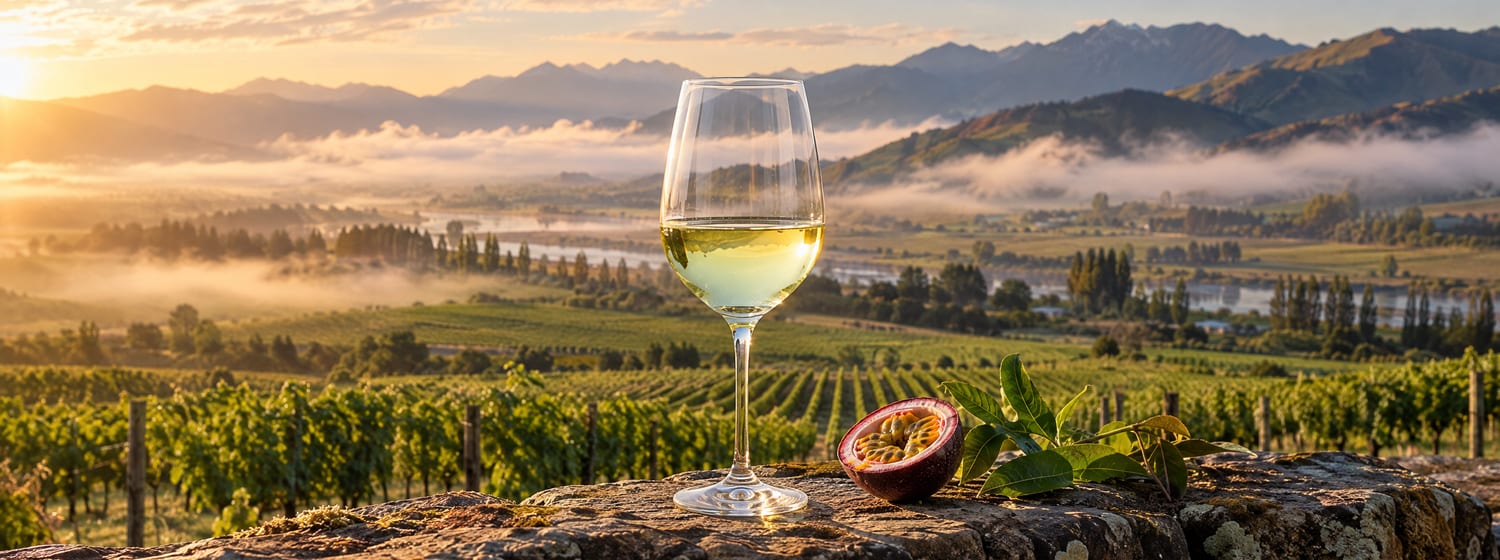 A glass of pale green Sauvignon Blanc on a stone wall at the edge of a Marlborough vineyard in the early morning