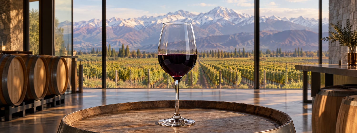 A glass of deep violet Malbec on a barrel head in a modern winery cellar in Mendoza