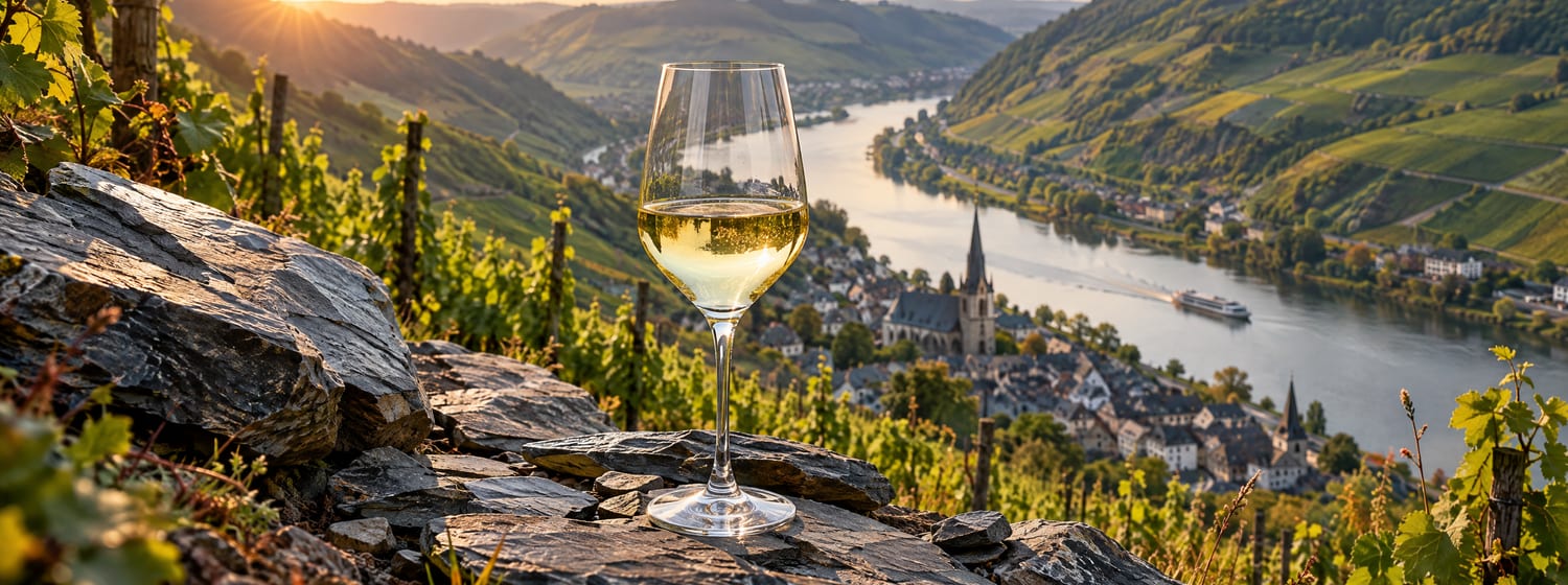 A glass of pale lemon Riesling resting among pieces of blue-grey slate on a very steep vineyard slope