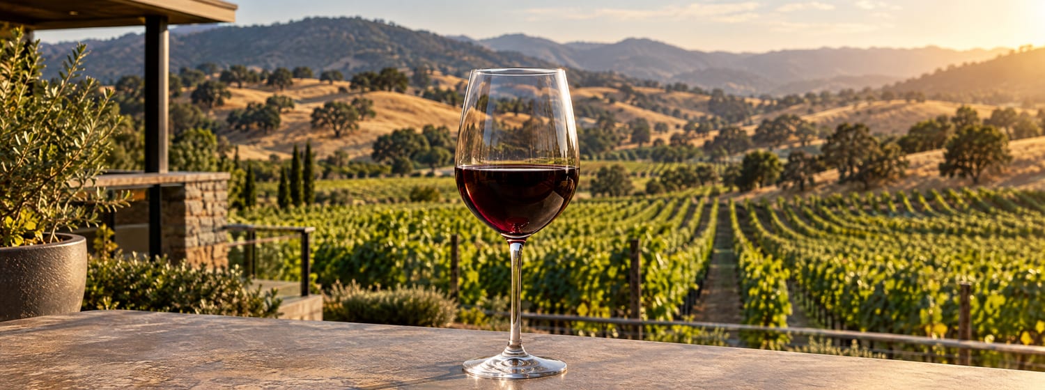 A glass of deep ruby Cabernet Sauvignon on the terrace of a modern Napa Valley winery, neat vineyard rows and golden hills dotted with oak trees