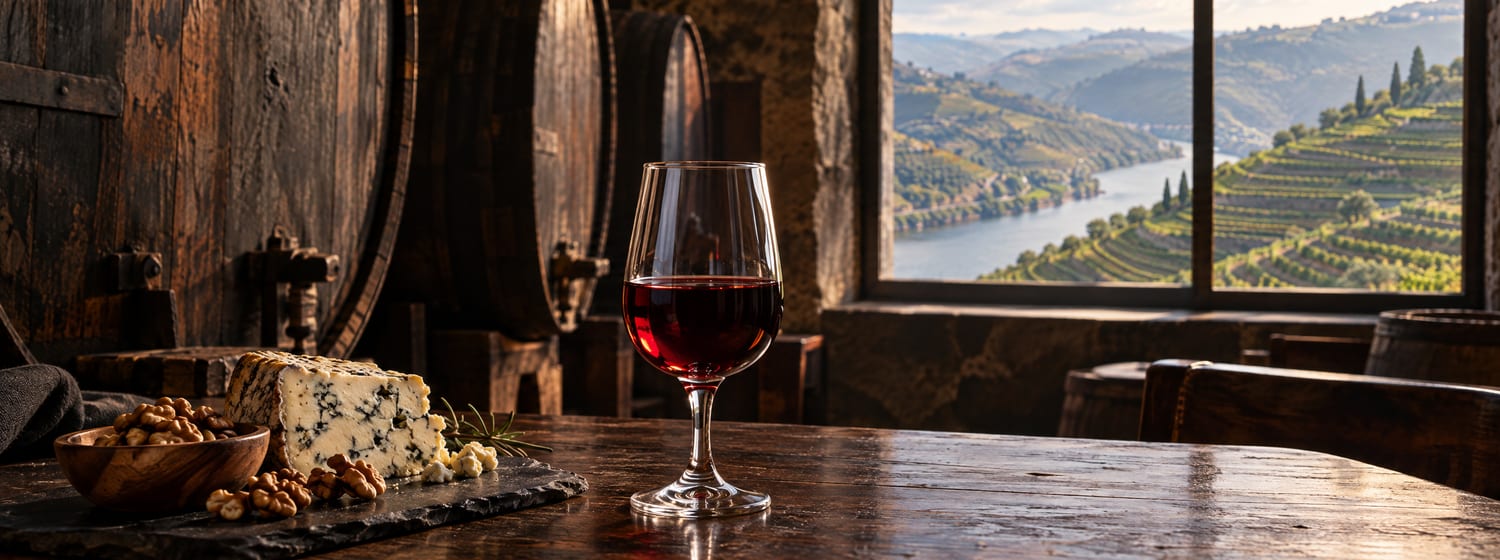 A small glass of deep ruby Port beside a wedge of blue cheese and walnuts in a dark port lodge with huge old casks