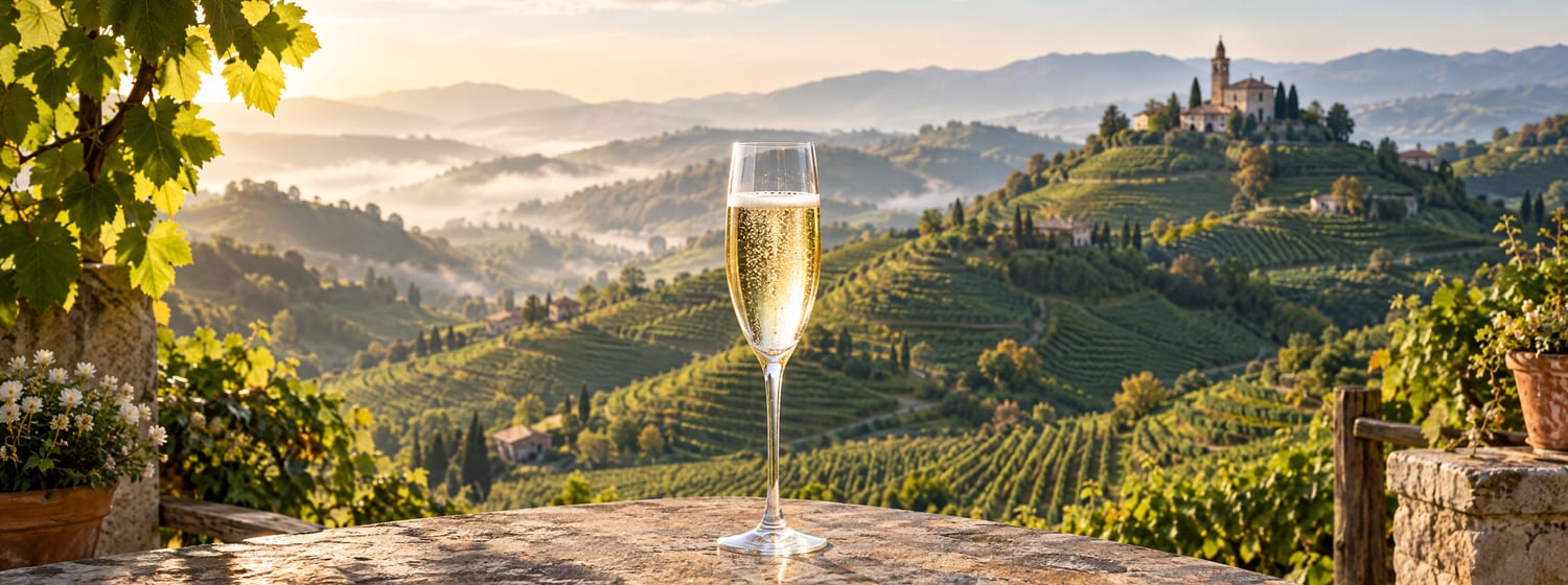 A flute of Prosecco on a vineyard terrace among the steep, rounded hills of Conegliano-Valdobbiadene, a small church on a hilltop, soft morning light