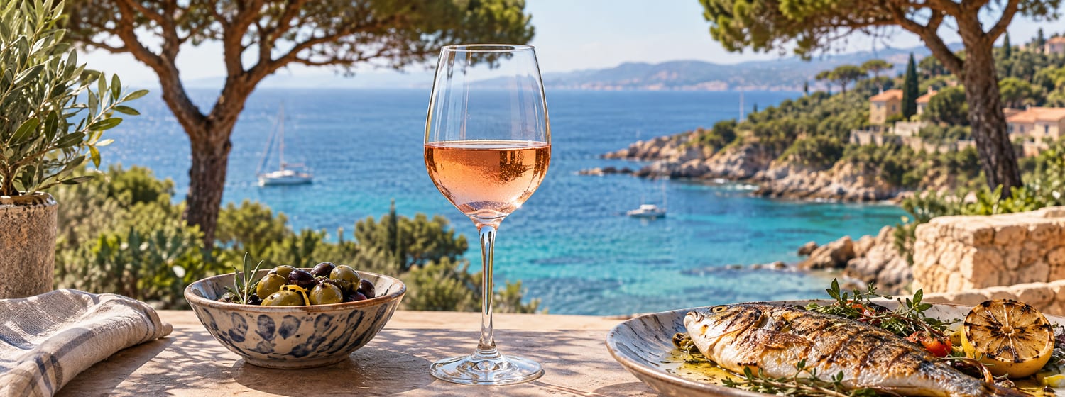 A glass of pale salmon-pink rosé beside a bowl of olives and a plate of grilled fish on a seaside terrace on the Provençal coast
