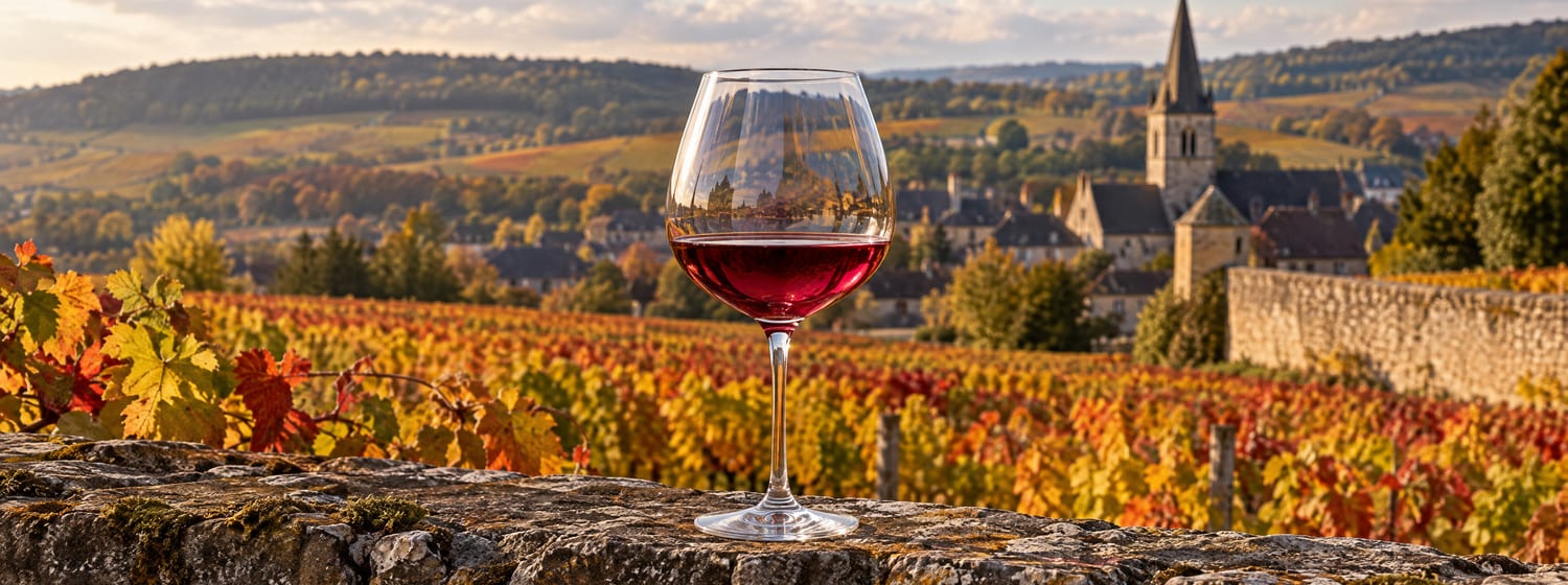 A wide Burgundy glass of pale ruby Pinot Noir on the old stone wall of a walled vineyard in the Côte de Nuits