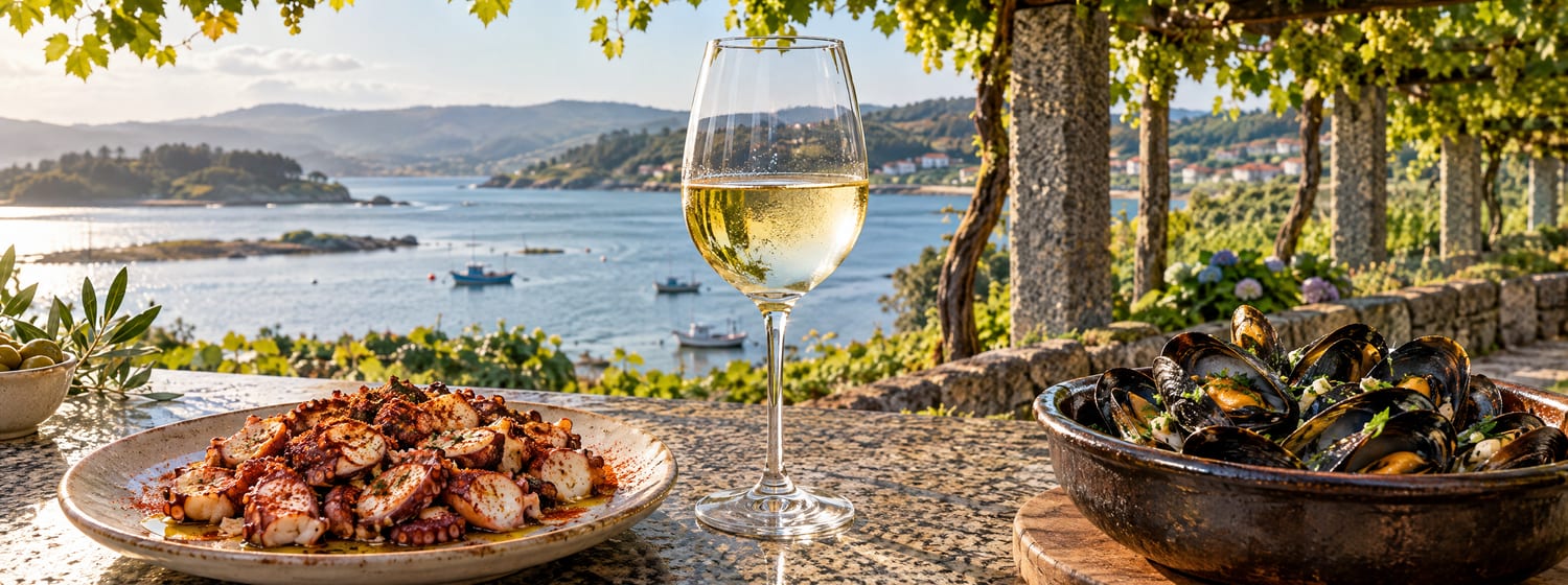 A glass of pale lemon Albariño beside a plate of octopus with paprika and a bowl of mussels on a granite table by an Atlantic estuary in Galicia