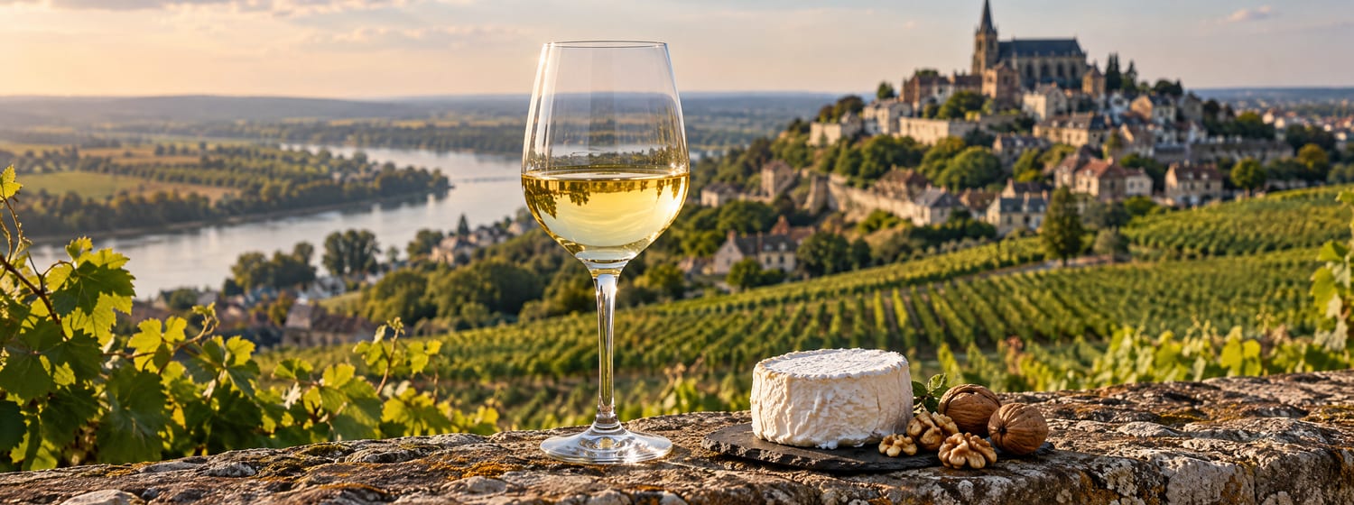 A glass of crisp pale Sancerre beside a small round goat's cheese and a few walnuts on a stone wall