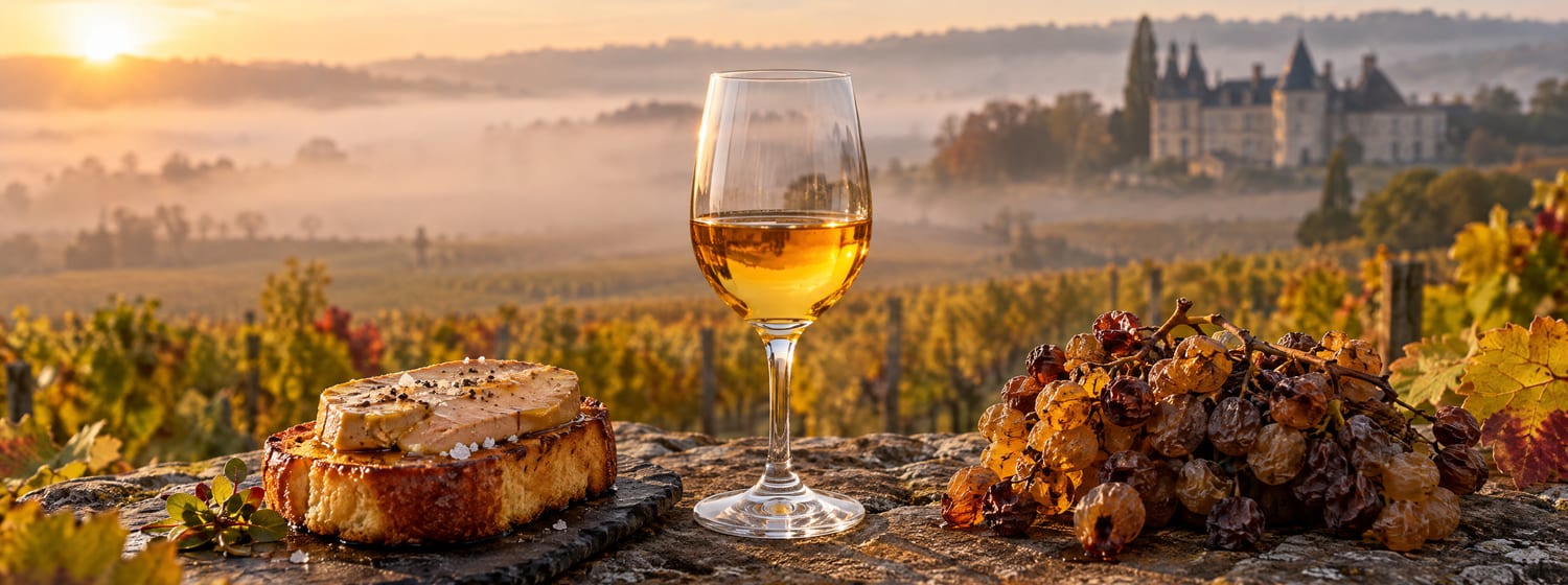 A small glass of deep gold Sauternes beside a slice of toasted brioche with foie gras and a bunch of shrivelled, noble-rot grapes