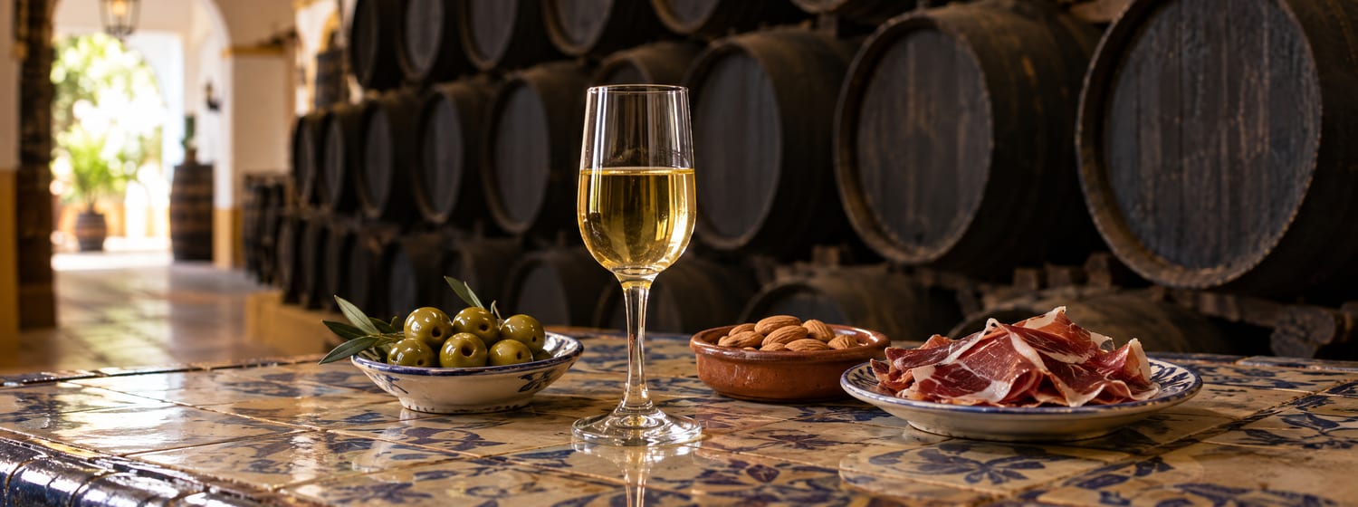 A small copita glass of pale straw Fino sherry with green olives, almonds and cured ham on a tiled counter in an Andalusian bodega in Jerez