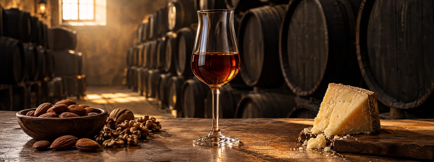 A copita glass of deep amber-brown Oloroso sherry with roasted almonds