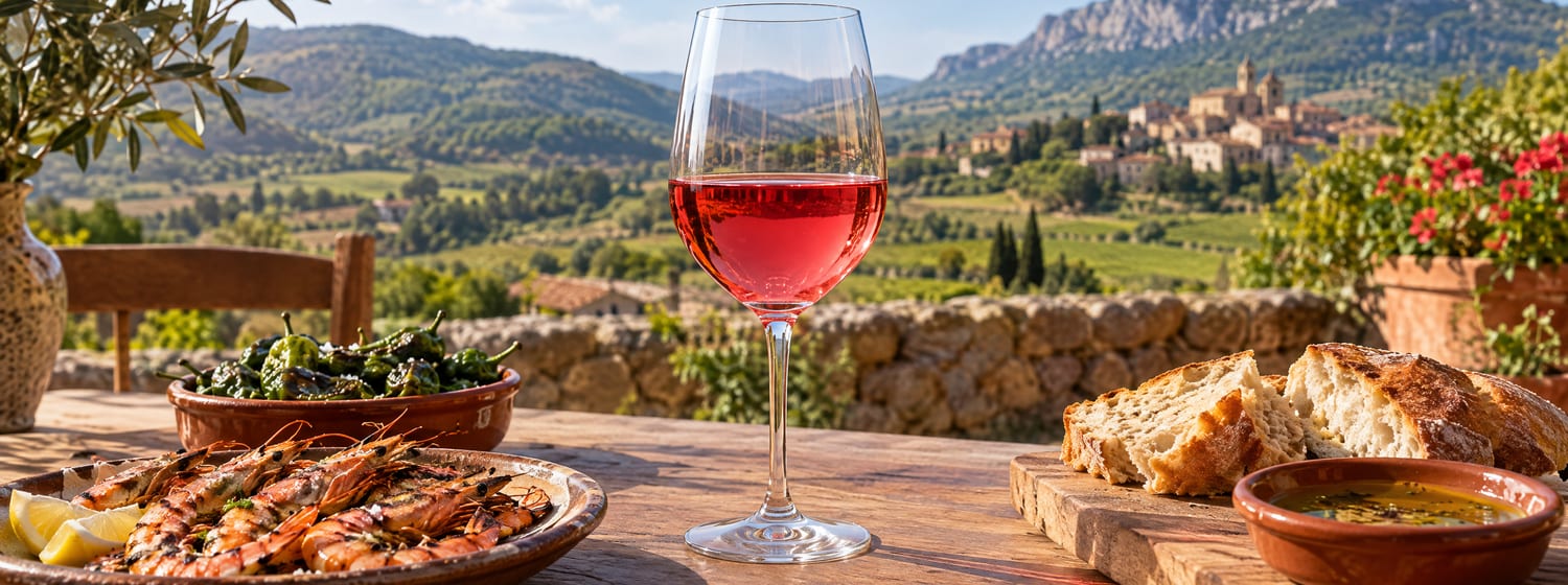 A glass of vivid cherry-pink Spanish rosado on a sunny tapas table with grilled prawns, green peppers and bread, the hills of Navarra behind