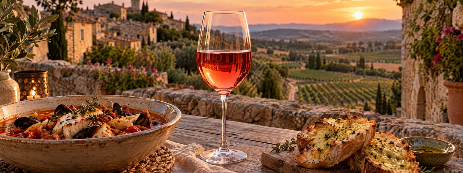 A glass of deep pink-coral Tavel rosé beside a bowl of Provençal fish stew and garlic bread on a village terrace with old stone walls and sandy